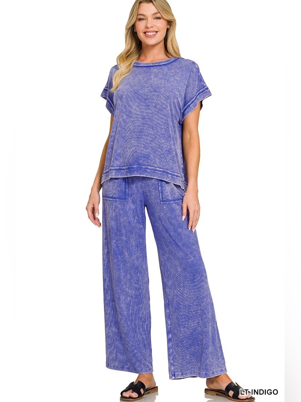 Zenana Ribbed Acid Wash Rayon Pants And Tops Set in Light Indigo